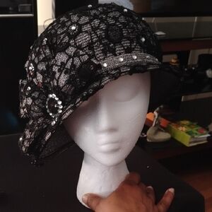 Chic Black Lace Women's Hat with Pearls